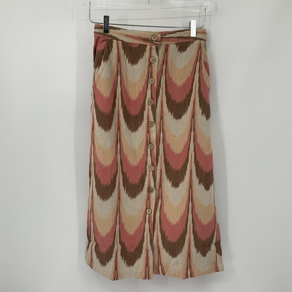 Faherty Whitley front button skirt Desert Ikat cotton midi tan pink new Large - Picture 2 of 5